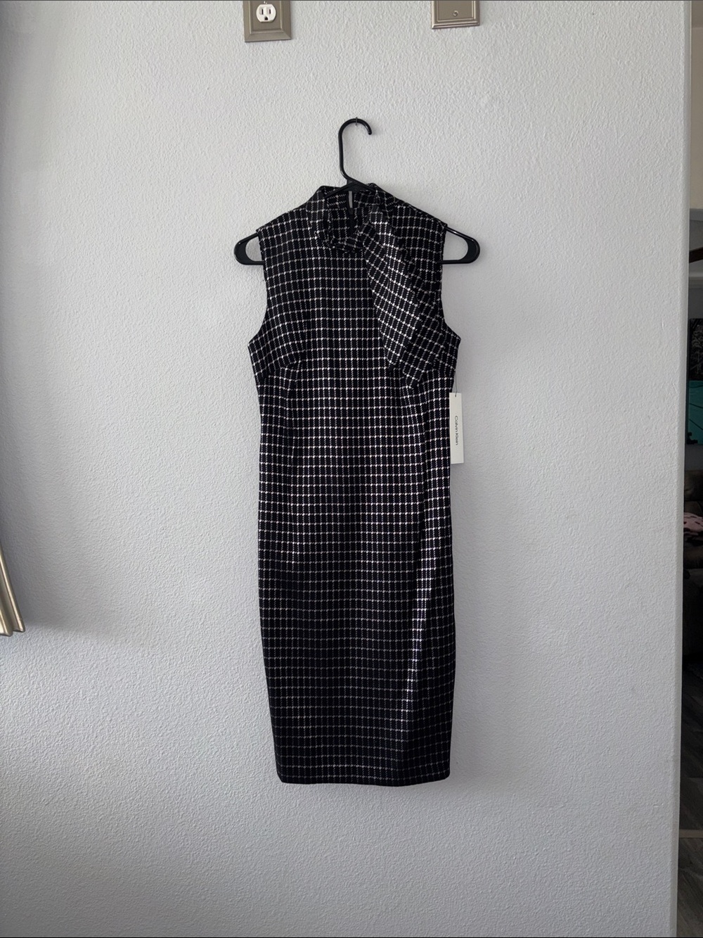 Calvin Klein Black & White Checked High-Neck Midi Dress with Neck Detail